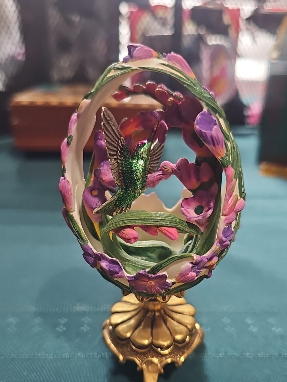 Vintage House of Fabergé "Jewels in the Garden" Hummingbird Egg Figurine